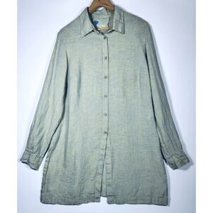 Yuvita Linen Tunic Top Womens‎ Medium Green Blue Duster Button Front Lagenlook